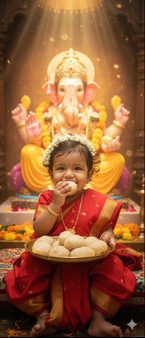 “Divine cinematic baby girl photoshoot with Ganpati idol in background glowing with golden aura. Baby wearing traditional Maharashtrian dhoti-style saree, adorned with delicate jewelry and gajra. She holds a full plate of steaming ukdiche modak, joyfully eating one with innocence . Soft warm light rays, slight temple ambience, floral decorations, festive atmosphere, dreamy cinematic edits with divine glow